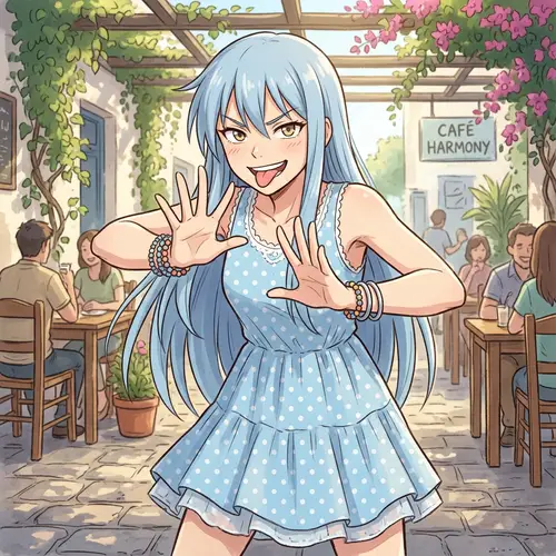 Playful Anime Girl with Light Blue Hair – Summer Style