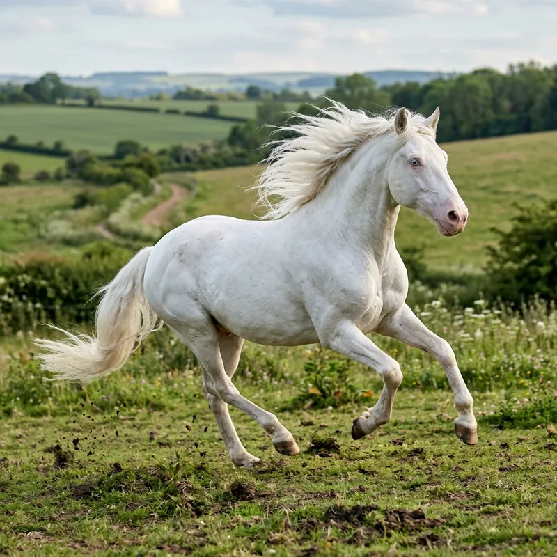 Majestic White Horse with Blue Eyes Running in Nature