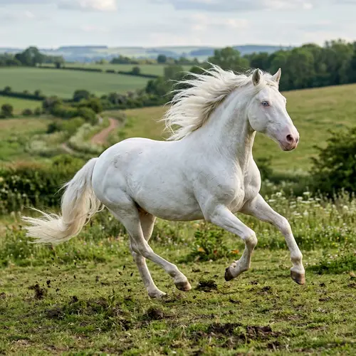White Horse with Blue Eyes Running - Majestic Equestrian Beauty