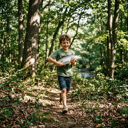 Energetic Boy Running in Forest with Shimmering Fish