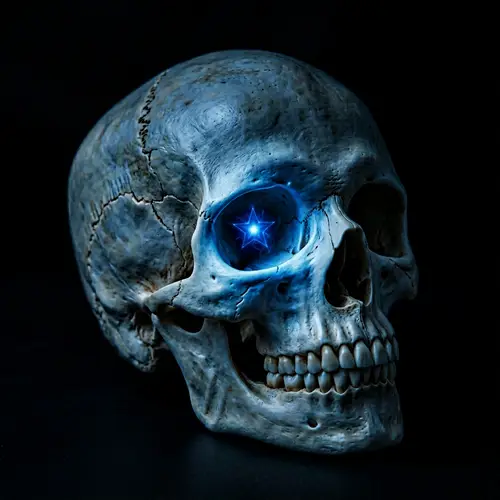 Eerie Humanoid Skull with Glowing Blue Star