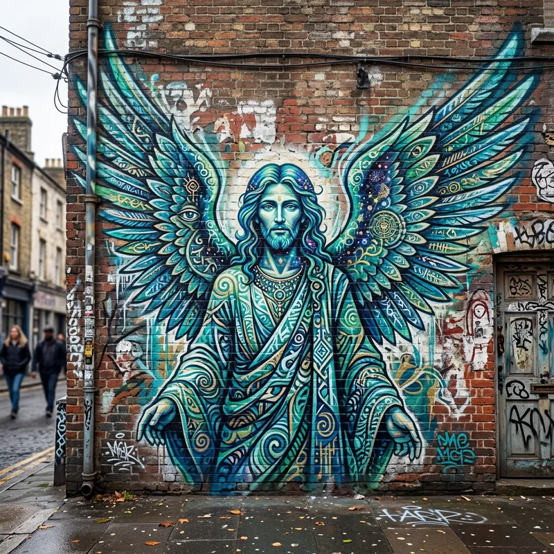 Graffiti Angel Daniel: Mystical Street Art in Blue and Green Graffiti Angel Daniel: Mystical Street Art in Blue and Green