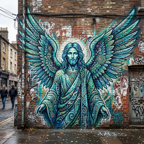 Mystical Street Graffiti: Angelic Figure in Blue and Green
