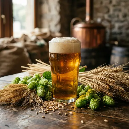 Captivating Glass of Beer with Ingredients in Cinema-Like Setting