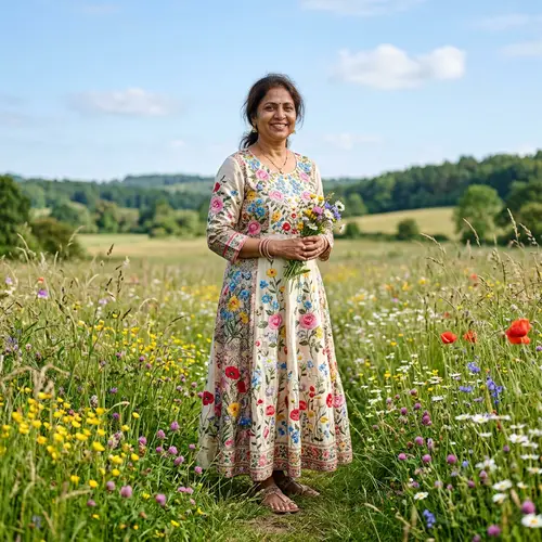 Colorful Flower Dress: South Asian Woman in Meadow