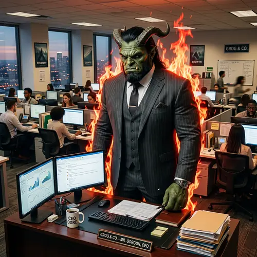 Fantasy Ogre in Business Suit with Red Flames in Office Scene