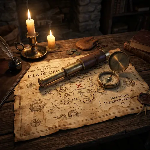 3D Treasure Map with Candles and Compass