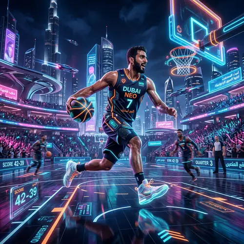 Futuristic Basketball Player in Neon-Lit Environment