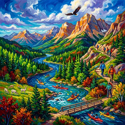 Vibrant Landscape Painting: High Peaks, Deep Rivers, and Rich Colors