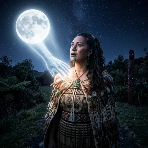 Maori Woman Embraced by Moonlight | Traditional Attire & Tattoos