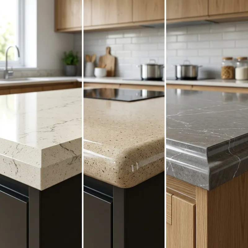 Quartz Worktop Edges: Bevelled, Bullnose, Ogee Detailing | Craftsmanship & Texture Differences