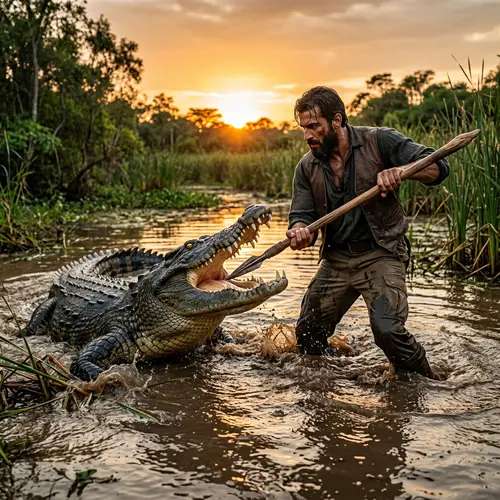 Middle Eastern Man Battles Colossal Crocodile in Marsh