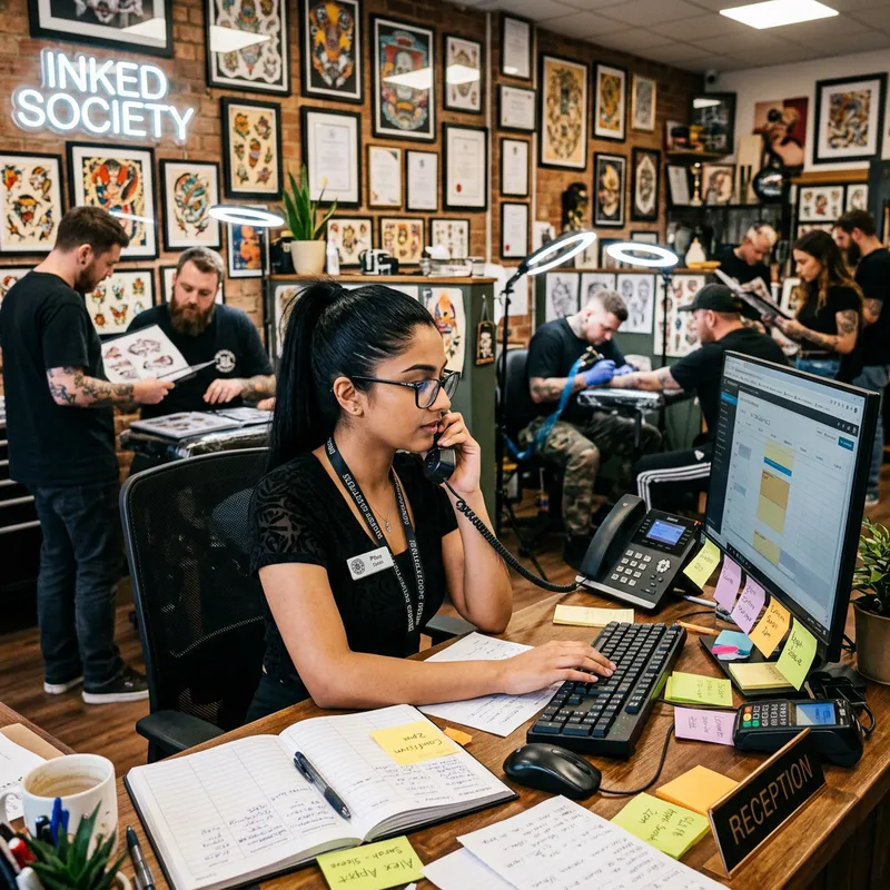 Young South Asian Girl Administrator in Tattoo Studio Young South Asian Girl Administrator in Tattoo Studio