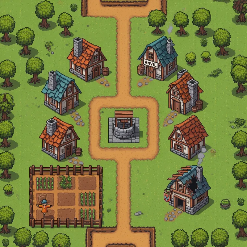 Retro RPG Overworld Pixel Map of a Medieval Village