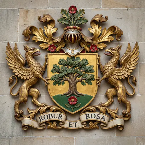Classic Noble Family Crest: Shield, Oak Tree & Rose
