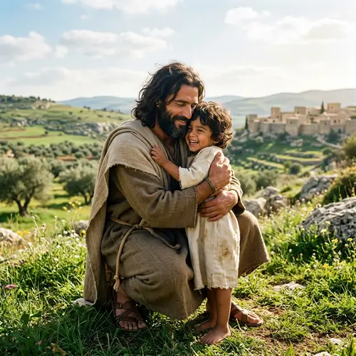 1st Century Middle-Eastern Male Embracing Young Hispanic Child