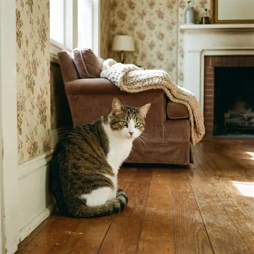 Captivating Brown and White House Cat in Cozy Vintage Room