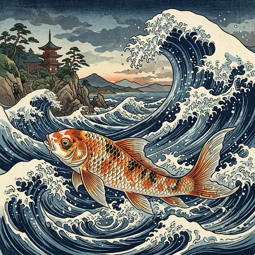 Japanese Fish with Waves in Background