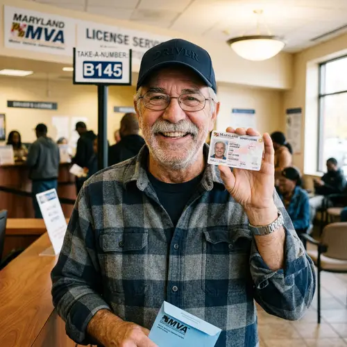 Man with Cap and Gray Mustache Gets Driver's License