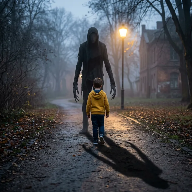 Eerie Encounter: Mysterious Figure Overlooking Boy in Yellow Hoodie Eerie Encounter: Mysterious Figure Overlooking Boy in Yellow Hoodie