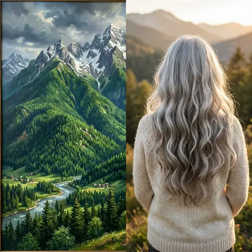 Enchanting Nature: Vibrant Green Mountains & Graceful Grey Hair