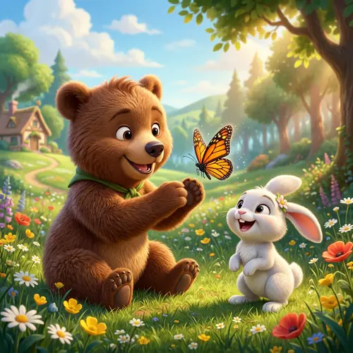 Charming 3D Animation with Bear, Rabbit, and Butterfly