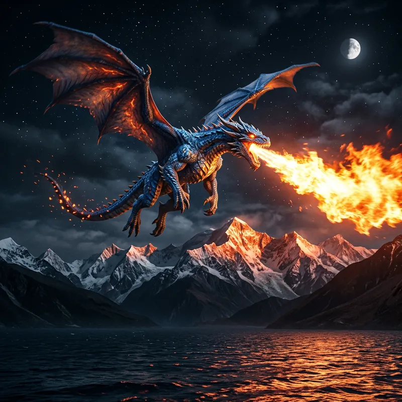 Fiery Dragon in Night Sky | Mythical Creature Breathing Flames Fiery Dragon in Night Sky | Mythical Creature Breathing Flames
