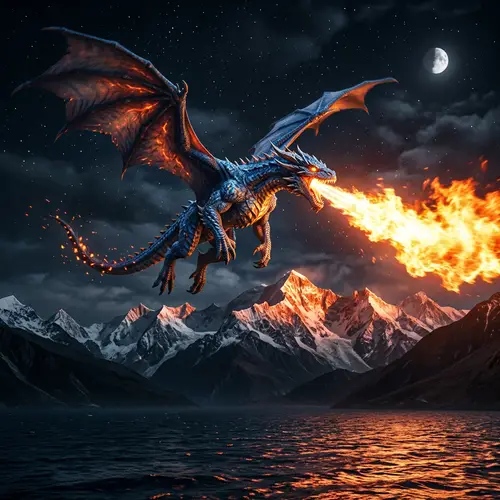 Majestic Dragon Soaring in Night Sky | Fire-Breathing Fantasy Creature