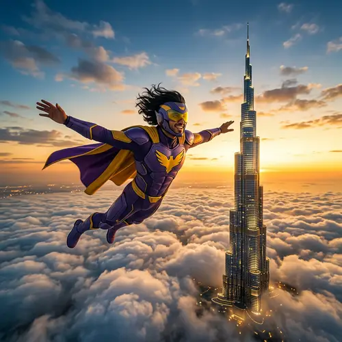 Superhero in Dubai: Flying Near Burj Khalifa