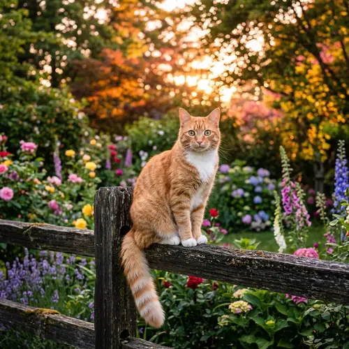 Domestic Orange Tabby Cat on Wooden Fence in Lush Garden