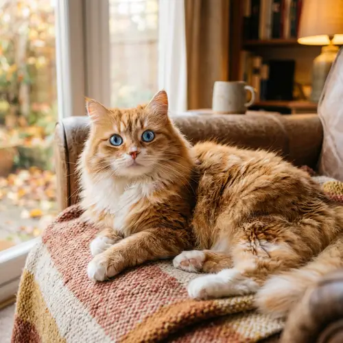 Fluffy Orange and White Cat Lounging Lazily - Wide-Eyed Cat
