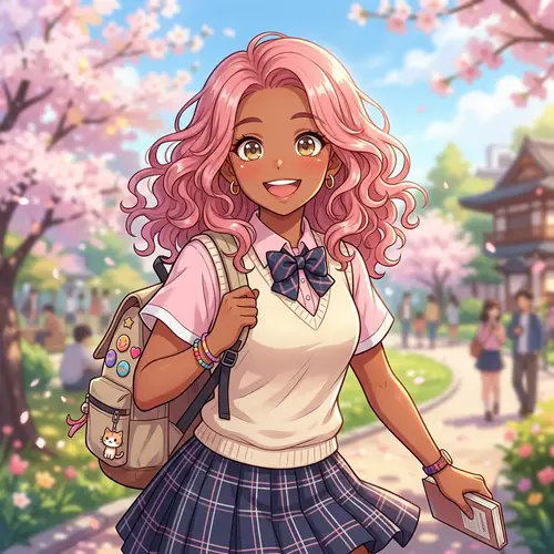 Brown Skinned Anime Girl with Wavy Pink Hair - Character Design