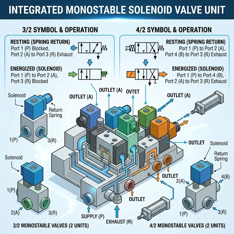 3/2 and 4/2 Monostable Solenoid Valves Combined Unit - Detailed Comparison