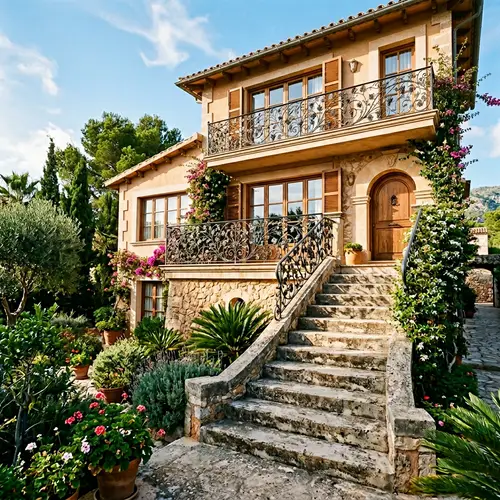 Architectural House Design with Concrete Stairs and Wrought Iron Balconies