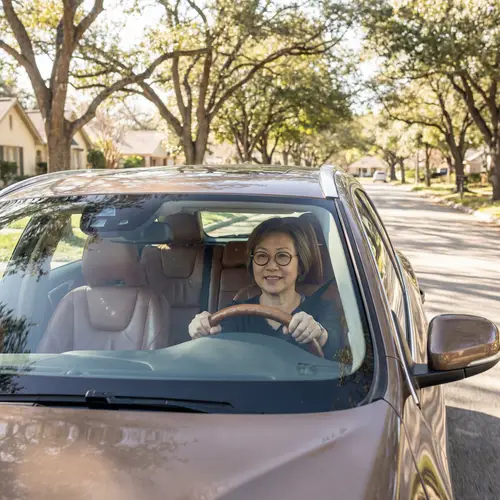 Detailed Image of Woman Driving Brown Car on Sunny Suburban Street