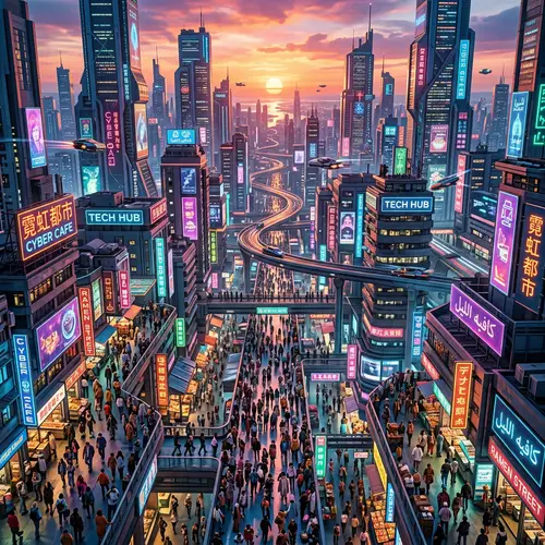 Futuristic Cityscape at Sunset: Neon Skyscrapers & Diverse Crowd