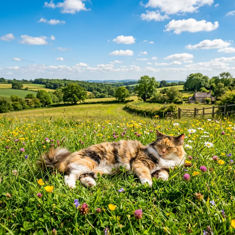 Fluffy Cat in Countryside | Sunny Field Scene