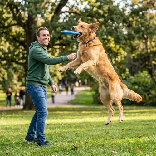 Interactive Golden Retriever Catching a Frisbee with Excitement