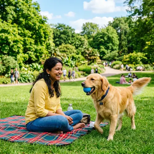 Golden Retriever Dog Playing with Blue Ball in Park with Woman