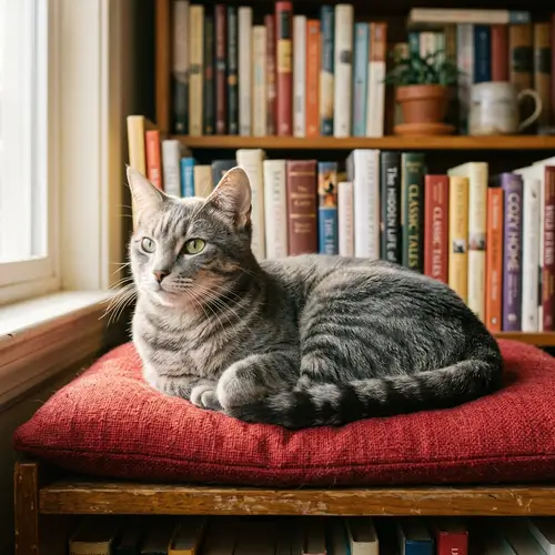 Gray Short-Haired Domestic Cat | Relaxing on Red Cushion