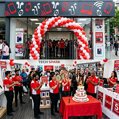 Tech-Oriented Store Birthday Celebration: Modern Storefront Festivities