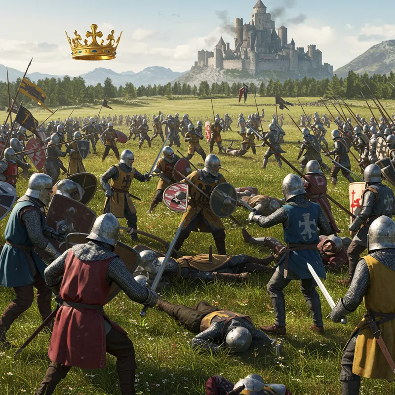Vibrant Medieval Battle Scene with Castle & Crown