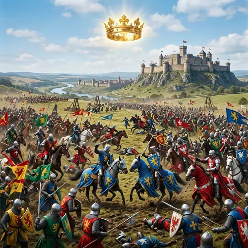 Vibrant Medieval Battle Scene with Castle & Crown