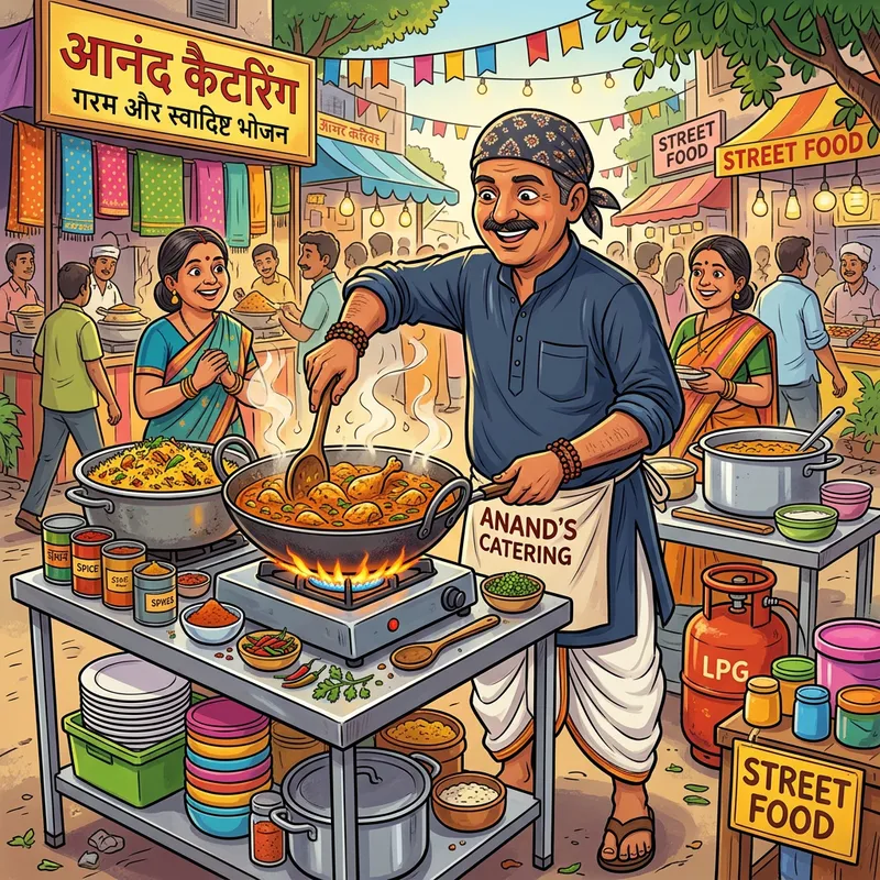 Cartoon Man in Dhoti Cooking Street Food