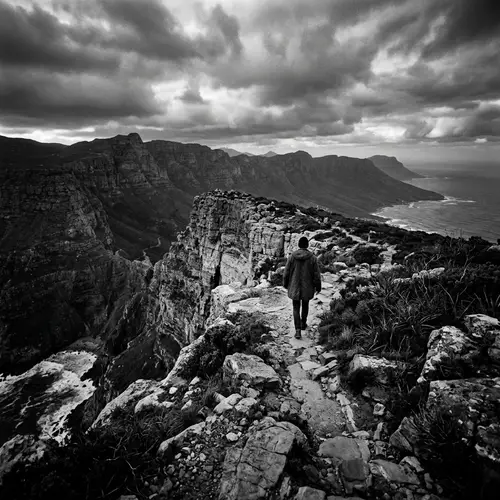 Solitary Figure Walking towards Cliff - Black and White Landscape