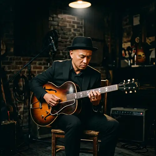 Tan Skin Man Playing Guitar in Dimly Lit Room