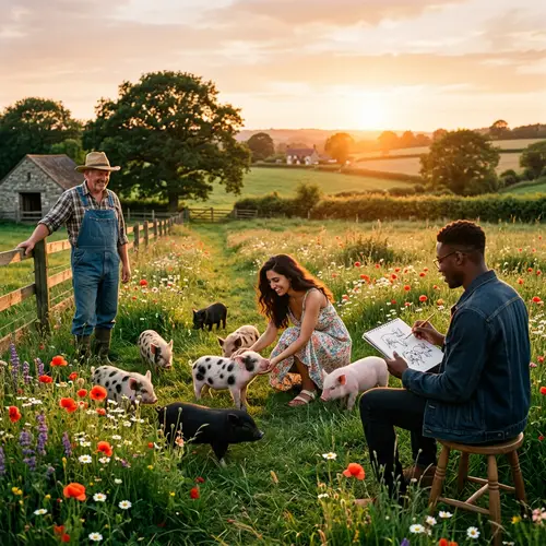 Miniature Pigs Enjoying a Vibrant Pastoral Scene