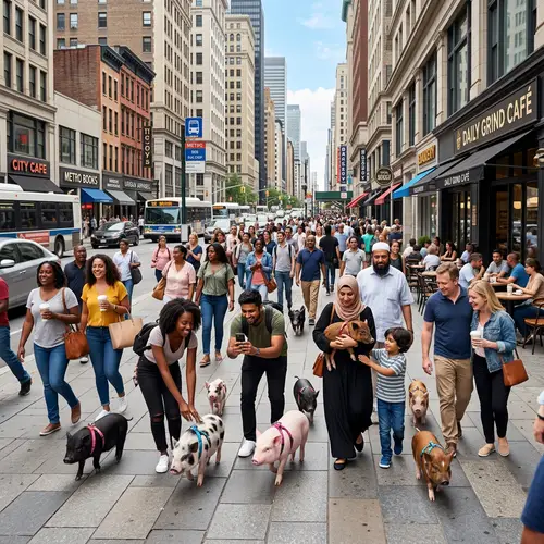 Bustling Multicultural City Scene with Mini Pigs in Daytime
