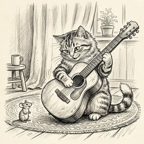 Joyful Cat Playing Guitar Sketch