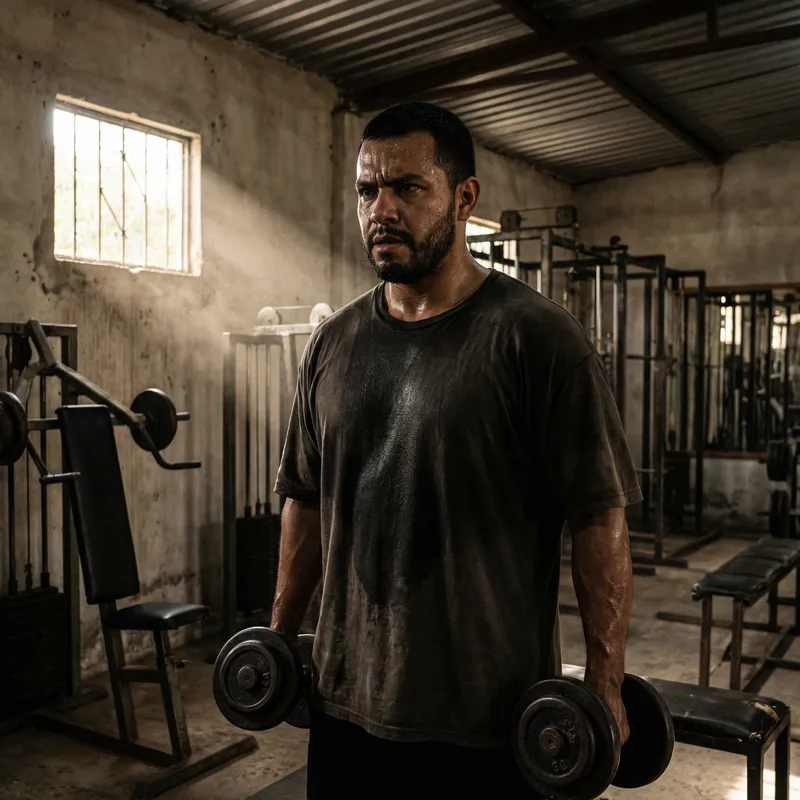 Intense Workout of a Muscular Man in a Dim Gym